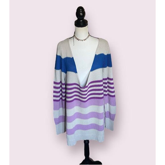 Lane Bryant Ivory Blue Purple Stripe V Neck Cotton Sweater Woman's Plus 22 24 3X - Picture 4 of 11